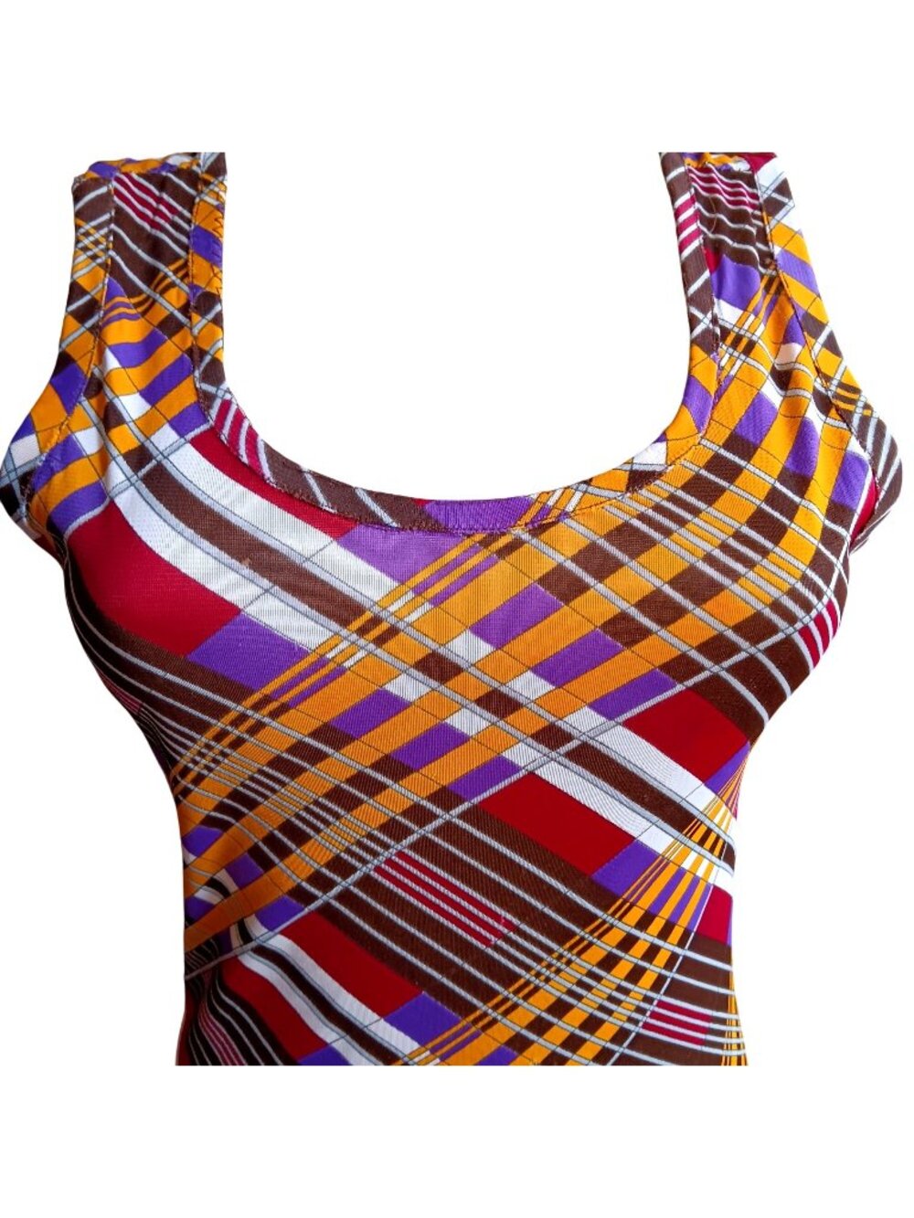 True Vintage Small Tank Top Multicolor Plaid Scoop Neck Sleeveless Stretch 1OF1